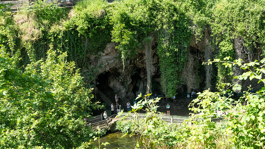 A cave is located below