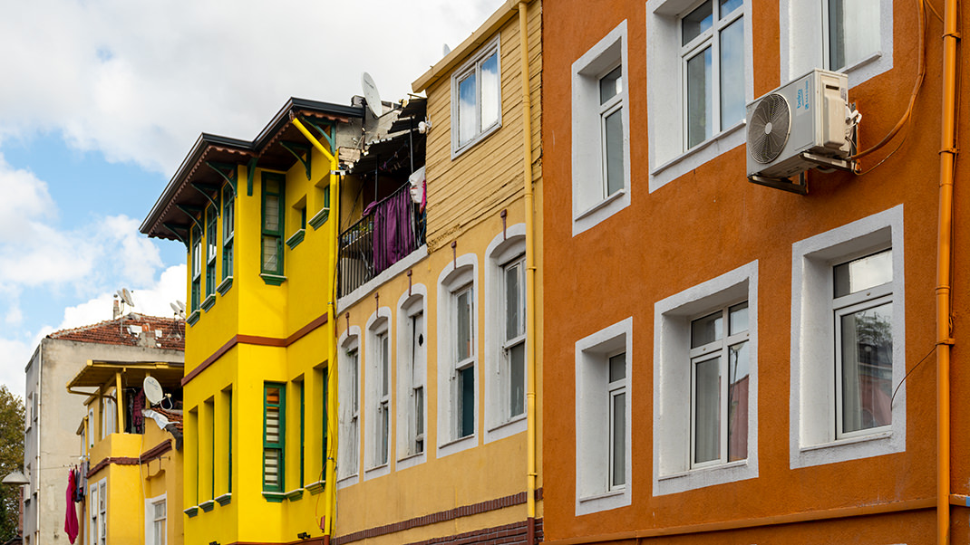 The houses are painted in a variety of colors