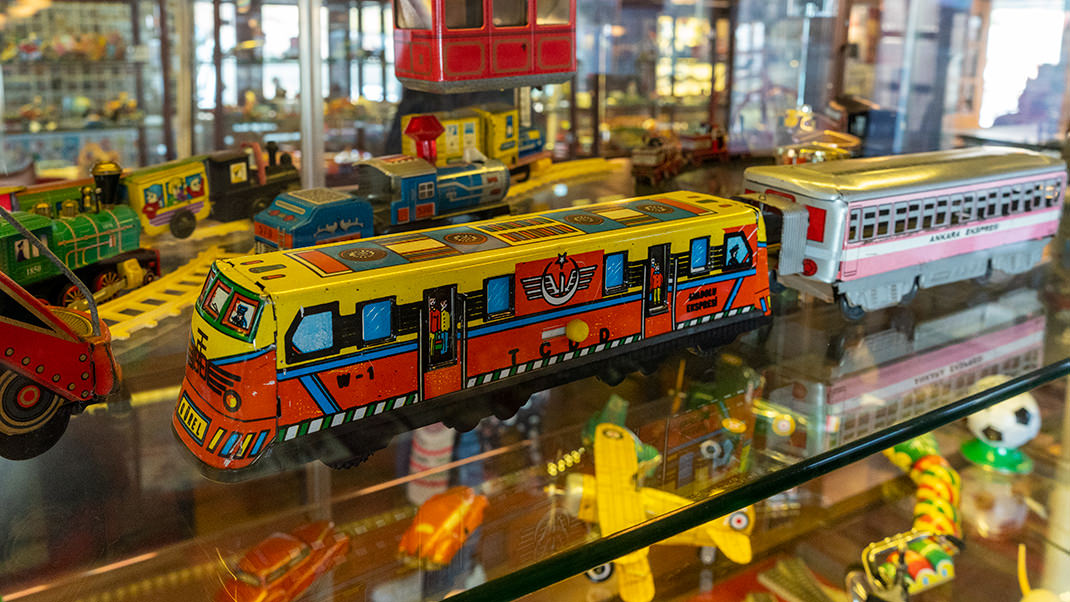 On the steamboat, there is a café and an exhibition of toys