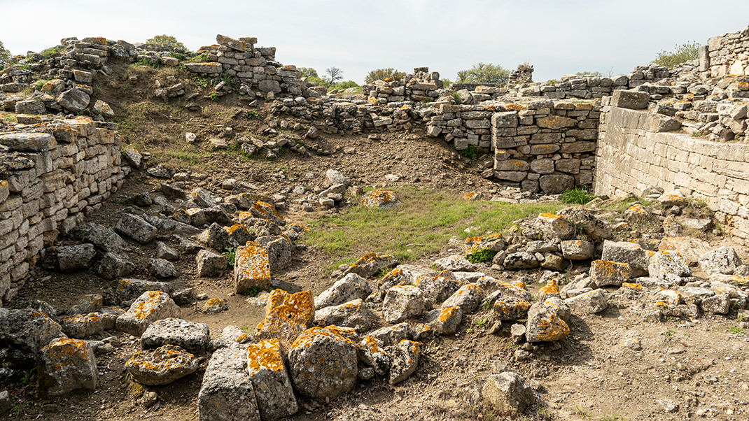 The ruins of ancient Troy are located in western Turkey, not far from the exit of the Dardanelles to the Aegean Sea