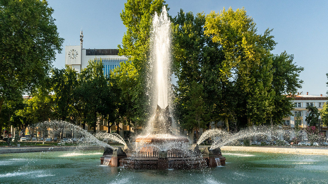 The fountain in the square in front of the building