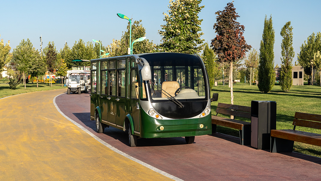 You can move around the park on foot, by bicycle, or on small electric buses like these